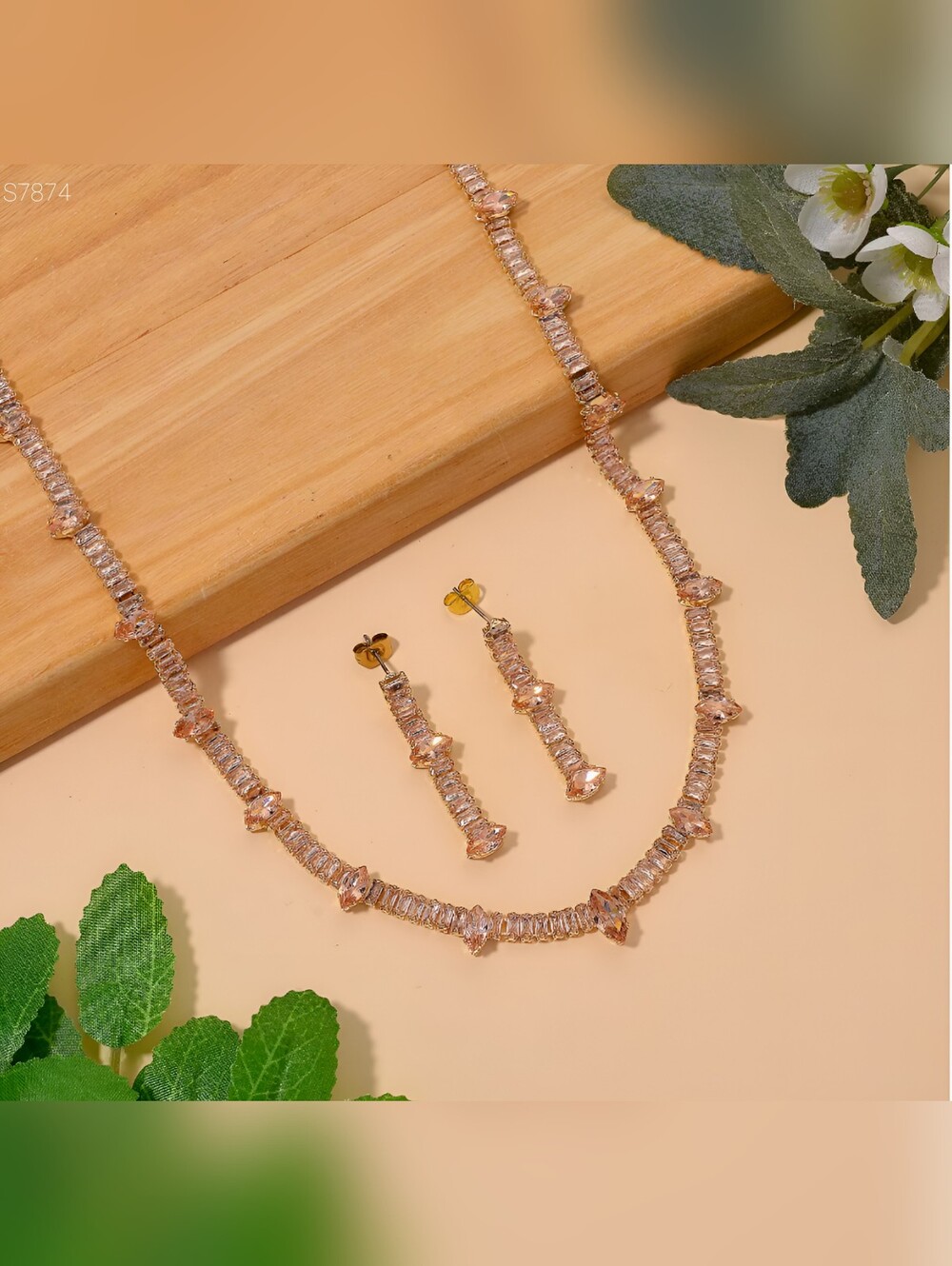 Simulated Champagne Diamond necklace & earrings set, Rose tone